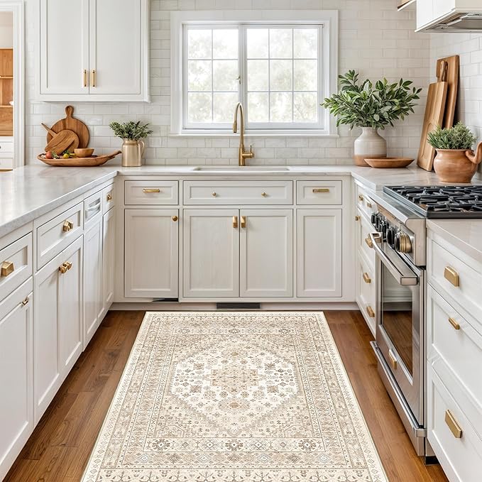 3x5 Washable Area Rug for Entryway, Kitchen Rugs Non Slip for Dining Room, Vintage Floral Soft Living Room Rug, Thin Area Rug Indoor for Bedroom, Kids Room Decor(Cream/Beige,3'x5')
