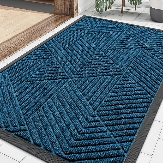 Smiry Front Door Mat Outside Entrance, Heavy Duty Sturdy Natural Rubber Doormat, Trap Dirt and Moisture, Easy Clean Low Profile Welcome Floor Mats for Indoor Outdoor Entry, 35X23 Inch, Mixed Blue
