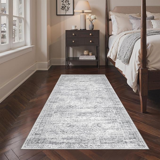 3x6 Runner Rug Non Slip, Thin Entryway Washable Rug for Entryway, Runners for Hallways, Low Pile Vintage Abstract Soft Rugs for Living Room, Kitchen, Bedroom (3'x6', Grey/Ivory)
