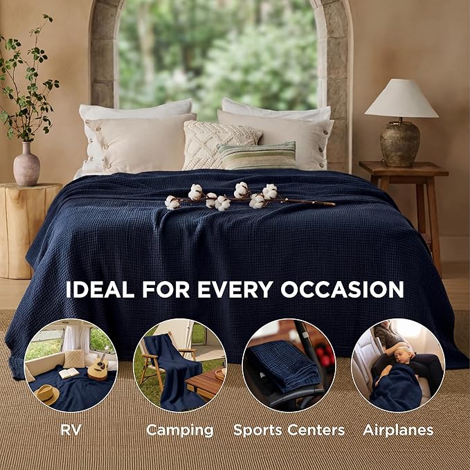 Bedsure 100% Cotton Muslin Blanket King Size for Bed - 4-Layer Breathable and Lightweight Thin Soft Summer Gauze Muslin Blanket for Adults, Navy Blue, 108x90 Inches
