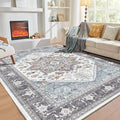 OPPODREAM Soft Area Rugs 4x6, Low-Pile Washable Rugs 4x6 with Non Slip Backing, Faux Cashmere 4 x 6 Throw Carpet, Grey & Teal & Yellow