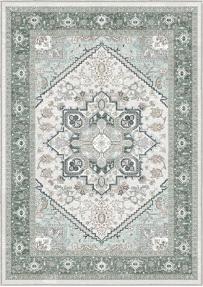 OPPODREAM Soft Area Rugs 9x12 Living Room, Washable Rugs 9x12 with Non Slip Backing, Faux Cashmere Low-Pile 9 x 12 Carpet, Green