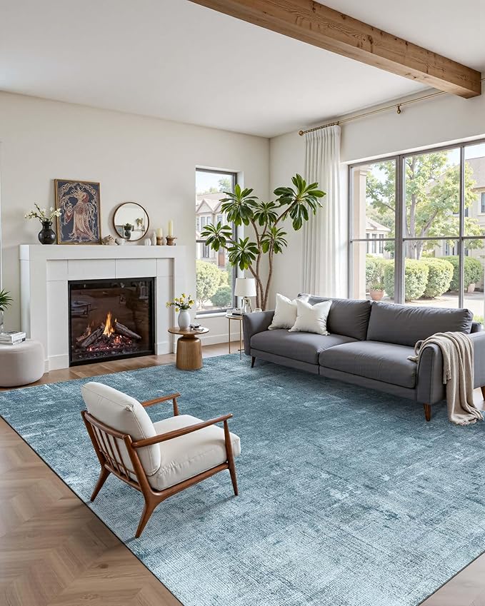 Latte&Fog 6x9 Area Rugs for Living Room Bedroom, Blue Modern Abstract Neutral Washable Rug, Boho Non Slip Low Pile Carpet for Dining Room, Dorm, Classroom, College Dorm, Farmhouse and Kids Room - Blue