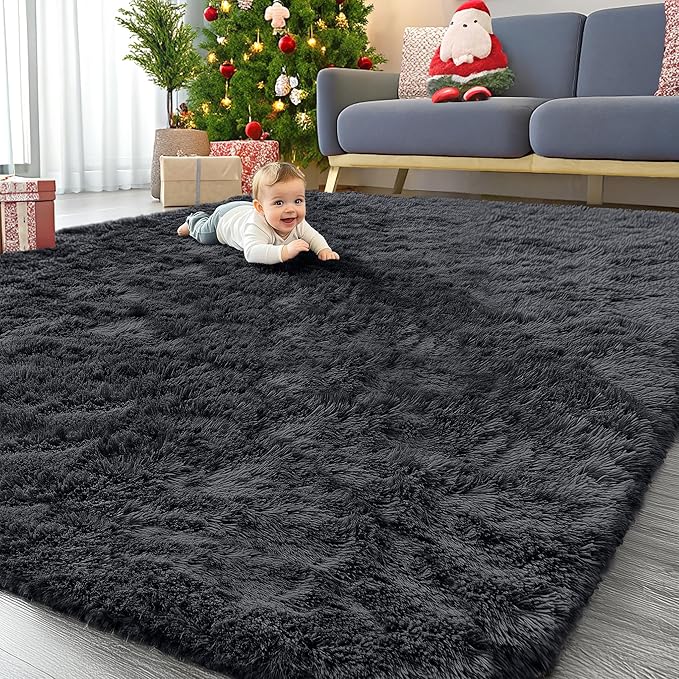 OLANLY 8x9 Machine Washable Large Area Rugs for Living Room, Bedroom, Soft Fluffy Shaggy Bedside Rug, Indoor Floor Carpet for Kids Girls and Boys, Dorms, Nursery, Home Decor Aesthetic, Black