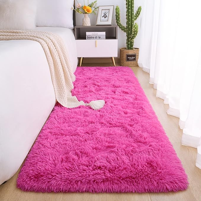Chicrug Soft Runner Rug for Bedroom Living Room Plush Fluffy Rugs 2x6 Feet, Shag Furry Runner Rug Carpet Non Shedding for Nursery Children Kids Girls Room Home Decorative, Hotpink