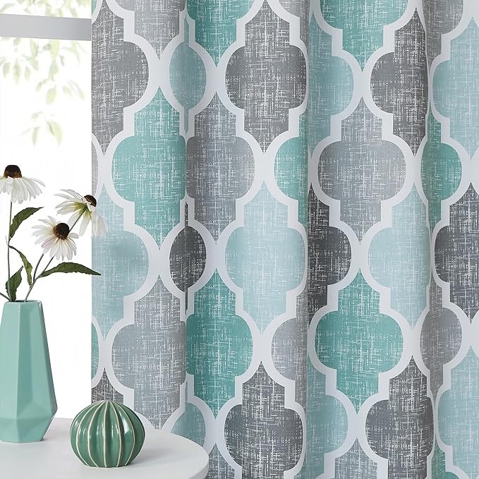 Beauoop 100% Blackout Curtains 54 Inches Long 2 Panels for Bedroom Living Room Aqua Grey Moroccan Geo Room Darkening Thermal Insulated Soundproof Grommet Top Window Treatments Drapes, 50x54 Set of 2