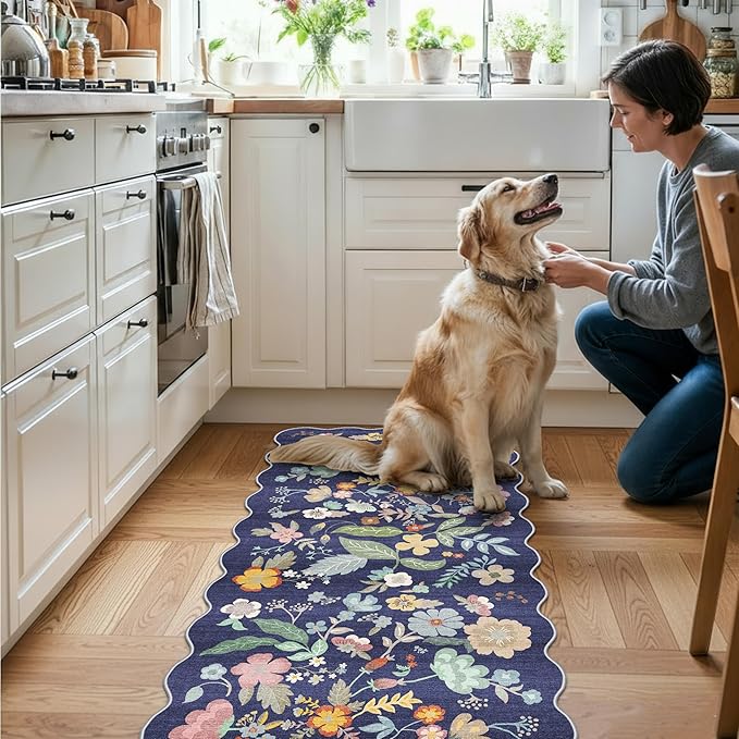 2x5 Washable Hallway Runner Rug: Stain Resistant Floral Scalloped Kitchen Rug Farmhouse Soft Carpet for Bathroom Bedroom Laudry Entryway Floor Mat with Non Slip Backing Cute Home Decor(2x5,Purple)