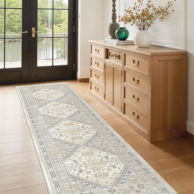 Runner Rug 2x8 Runners for Hallways Non Slip Washable, Vintage Hallway Runner Rugs for Living Room, Low Pile Soft Hallway Rug for Kitchen Bedroom Laundry Room Rug(Beige,2'x8')