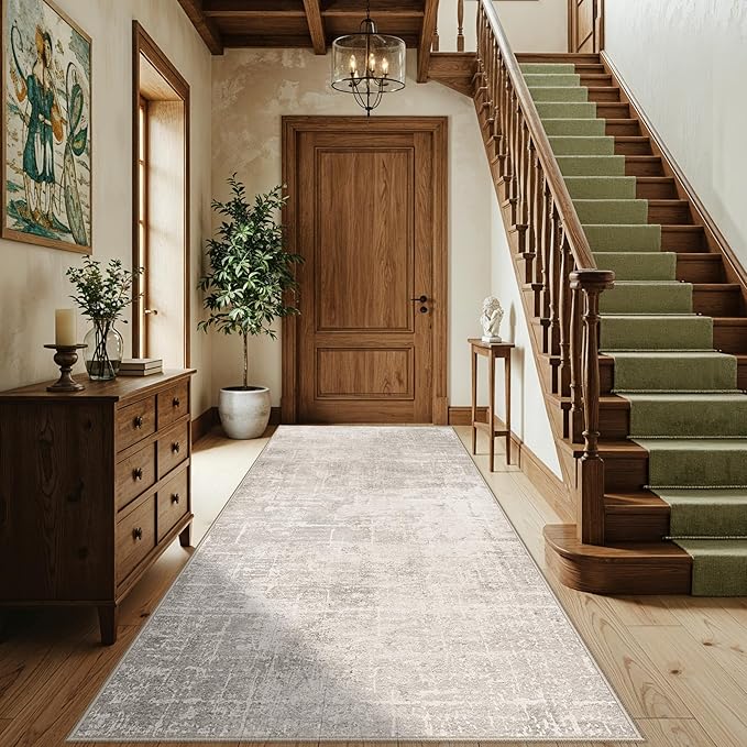 Washable 4x8 Hallway Area Rug: Abstract 8ft Water Resistant Soft Entry Kitchen Runner Rug Non-Slip Low Pile Carpet for Living Room Bedroom Thin Floor Mat for Bathroom Dining Room(4x8，Beige/Cream)