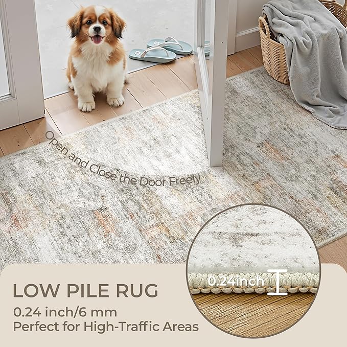 2x5 Rug Runner Washable for Entryway, Soft Bathroom Rugs with Non-Slip Backing, Abstract Low Pile Hallway Runner, Vintage Small Kitchen Carpet for Stair, Laundry Room(2'x5', Grey/Rust)