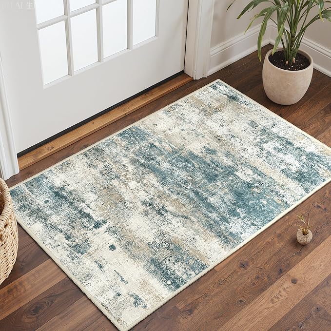 2x3 Rugs for Entryway Entrance Kitchen Bathroom, Machine Washable Modern Abstract Soft Area Rug, Low Pile Indoor Floor Carpet with Non Slip Backing, Navy Beige