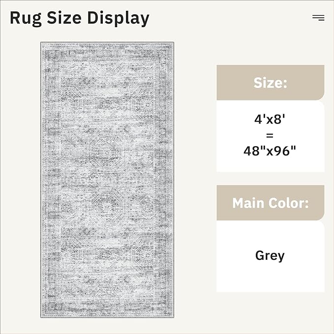 Hallway Runner Rug 4x8 Wide: Washable Thin Runners for Hallways Entry, Non Slip Soft Vintage Kitchen Area Rugs for Living Room Bedroom Dining Room Foyer (Grey, 4x8)