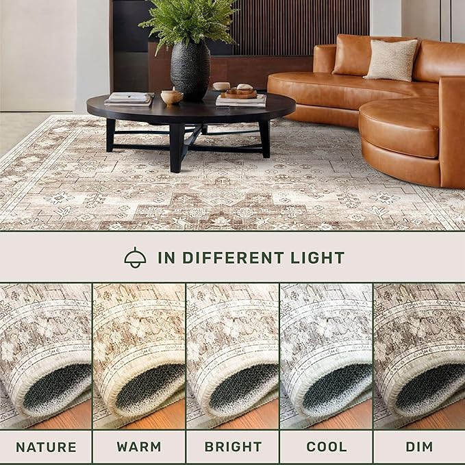 Hazo Haus Washable Neutral Farmhouse Bedroom Rug, 5x7 Area Rugs for Living Room, Nursery Room, Boho Vintage Floral Non-Slip Rug Low Pile Stain Resistant (5x7 Beige/Latte)