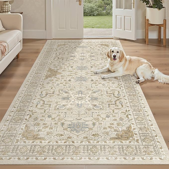 Madane Hallway Runner Rug 4x8 Wide: Washable Thin Runners for Hallways Entry, Non Slip Soft Vintage Kitchen Rugs Low Pile Carpet Runners for Living Room Bedroom Dining Room Foyer (Beige/Blue, 4x8)