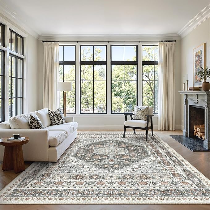 zesthome 6x9 Area Rug, Super Soft Washable Rugs for Living Room, Non-Slip Stain Resistant Vintage Rugs, Ultra-Thin Large Area Rugs (Grey/Orange,6'x9')