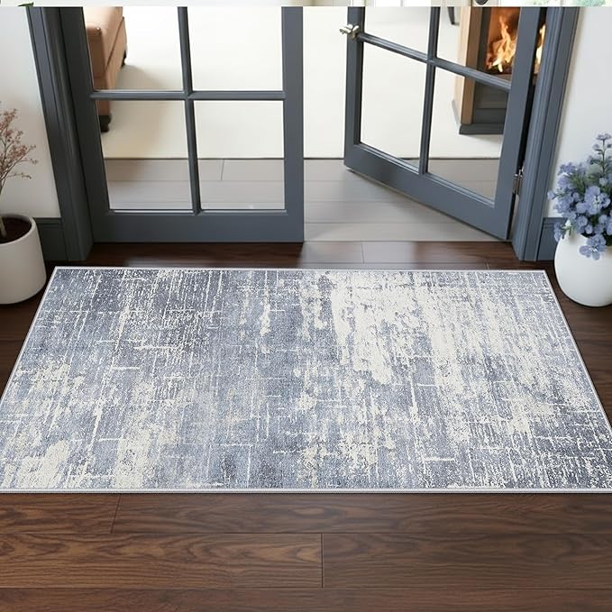 Washable 2x5 Abstract Hallway Runners: Indoor Water Resistant Kitchen Sink Rug Soft Living Room Bedroom Carpet Thin Low Pile Non Slip Floor Mat for Bathroom Entrance Laundry Room(2X5,Blue/Ivory)