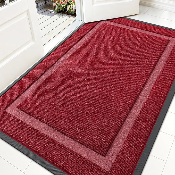 OLANLY Front Door Mat Indoor Outdoor Entrance, Waterproof All-Season, All-Weather Doormat, Sturdy Natural Rubber, Fade Resistant, Low Profile, Easy Clean Patio Porch Entryway Mat, 59x30, Wine Red