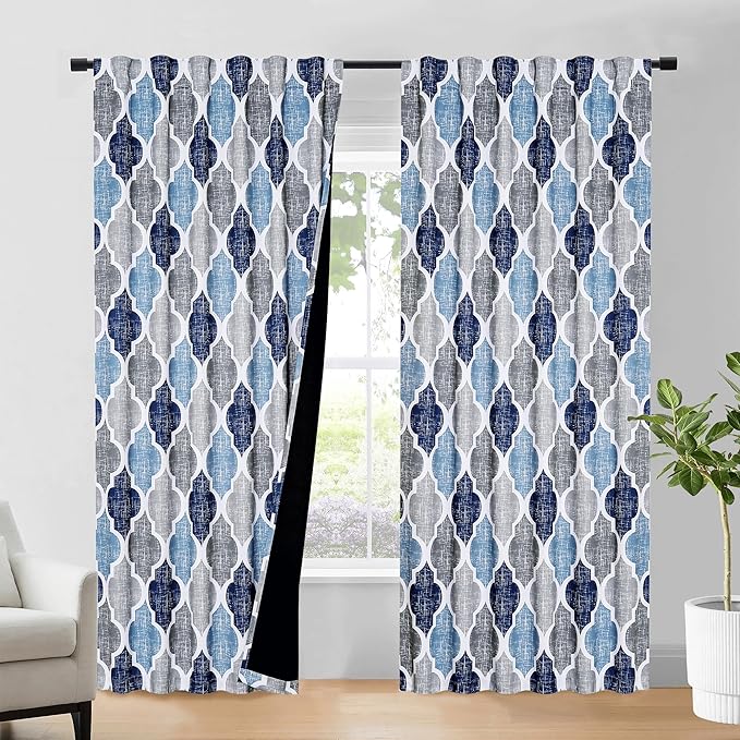 Beauoop 100% Blackout Curtains 84 Inches Long 2 Panels for Bedroom Living Room Blue Grey Moroccan Geo Room Darkening Thermal Insulated Soundproof Rod Pocket Back Tab Window Treatments Drapes, 50x84