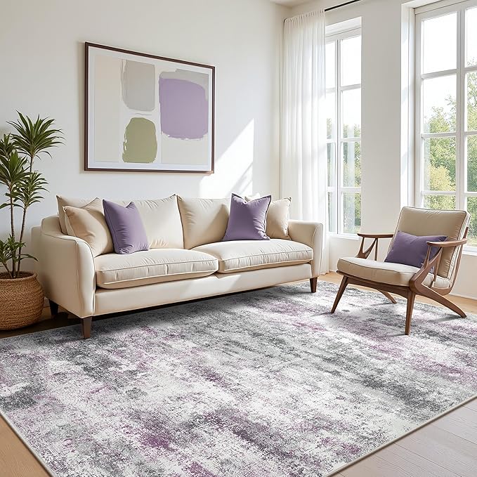 Area Rugs 8x10 for Living Room Bedroom, Modern Abstract Machine Washable Rug, Large Soft Low Pile Floor Carpet with Non Slip Backing for Dining Room, Grey/Purple