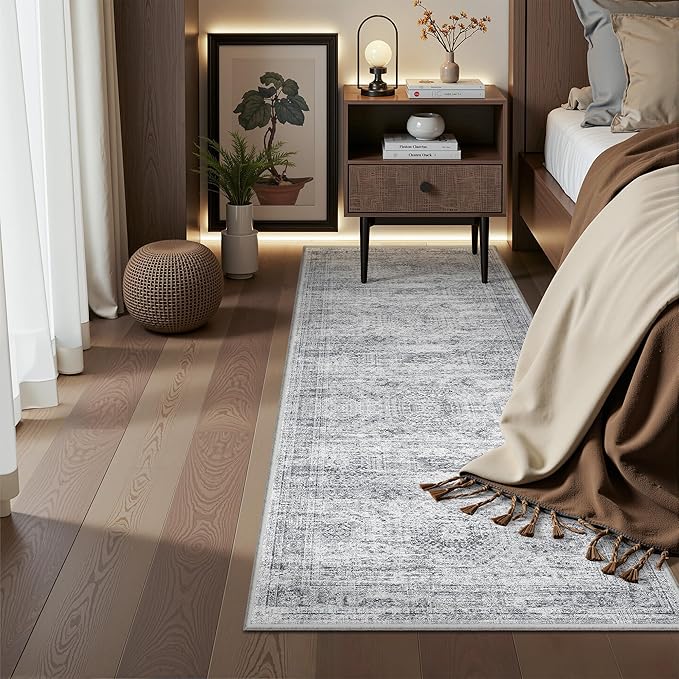 Washable Runner Rugs for Bedroom - 2x6 Runner Rug Non Slip, Ultra-Thin Entryway Runner, Soft Abstract Kitchen Runner for Hallway, Laundry, Bathroom, Indoor Door Mat(2'x6', Grey/Ivory)