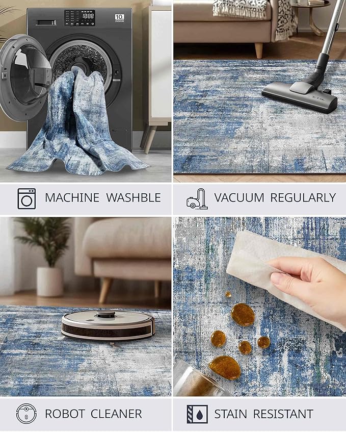 Latte&Fog 8x10 Area Rugs for Living Room, Large Blue Modern Abstract Washable Rug, Boho Non Slip Low Pile Carpet for Bedroom Dining Room, Office, Dorm, Classroom, Farmhouse and Kids Room - Blue Grey