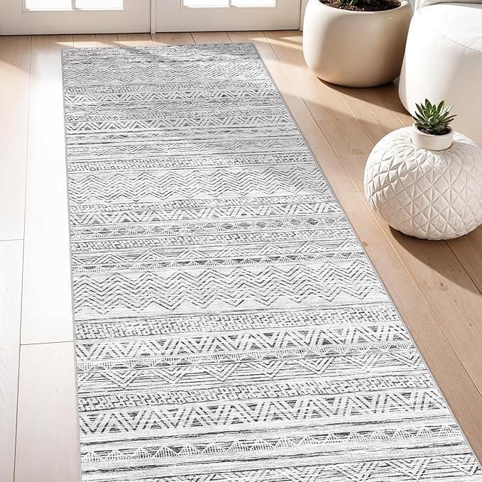 3x7 Washable Hallway Runner Rug - Moroccan Non-Slip Indoor Table Long Runners for Entryway Soft Low-Pile Neutral Rugs for Kitchen Waterproof Geometric Carpet for Bedroom Bathroom Laundry 3x7 Grey