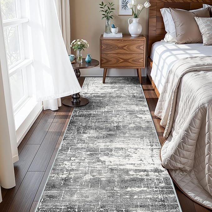Washable 2X10 Kitchen Area Rug: Entryway Abstract Rug Runner Soft Bedroom Besides Floor Mat Non-Slip Indoor Farmhouse Carpet for Bathroom Living Room Stain Resistant Runner for Family(2x10,Black/Grey)