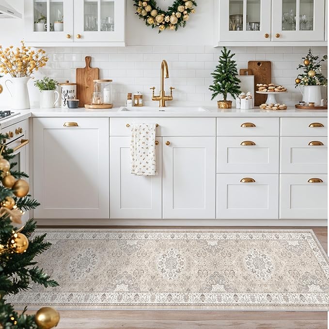 Washable 2x8 Hallway Runner Rug: Vintage Water Resistant Kitchen Entryway Rug Ultra Soft Living Room Bedroom Carpet with Non Slip Backing Indoor Low Pile Floor Mat for Bathroom Dining Room(2x8,Beige)
