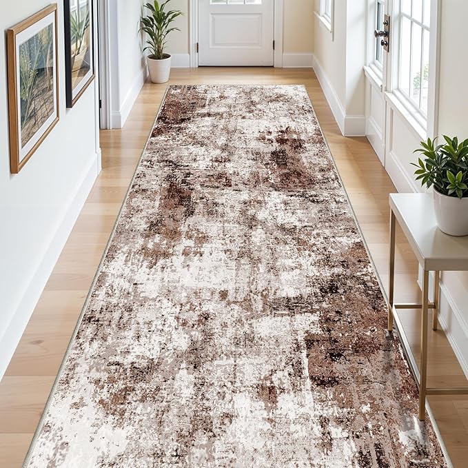 4x10 Wide Washable Runner Rug: Easy-to-Clean Runners for Hallway Entryway Kitchen Bedroom Living Room - Stain and Water Resistant Rugs with Non-Slip Backing - Soft Low-Pile Carpet Brown Khaki White
