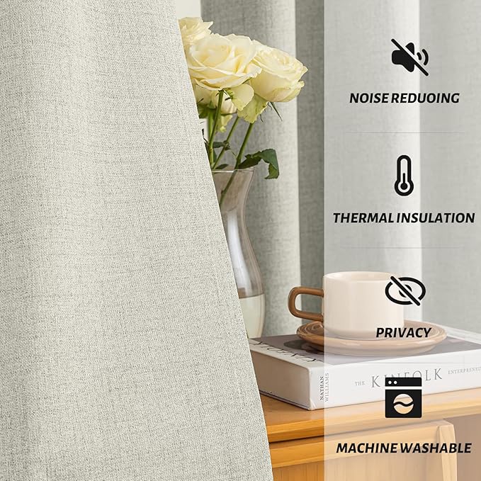 Yakamok Cream Linen Curtains 100% Blackout 96 Inches Long,Room Darkening Textured Curtains for Living Room Thermal Grommet Bedroom Curtain 2 Panels with Greyish White Liner