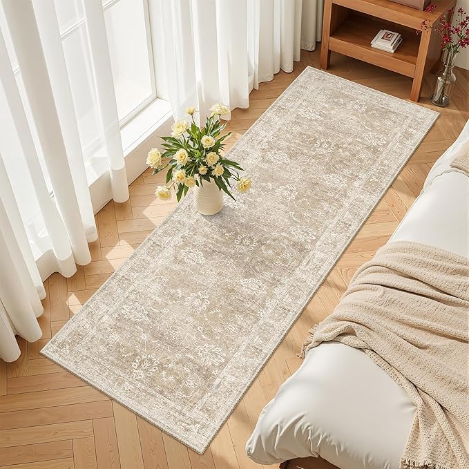 Madane Washable Runner Rug 2x6, Kitchen Hallway Runner Rug with Non-Slip Rubber Backing, Vintage Soft Low Pile Carpet Runner for Entryway Laundry Bathroom Bedroom Living Room (2 x 6, Beige/Brown)