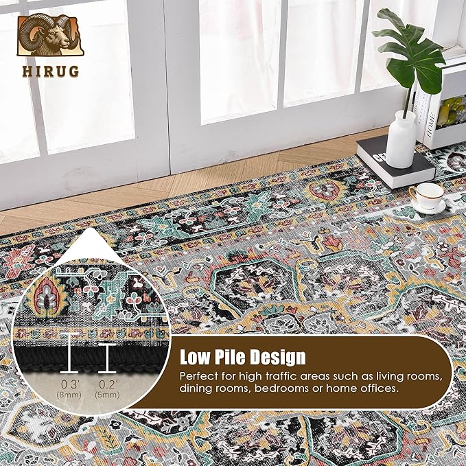 Washable Area Rug 6' x 9' Vintage Traditional Persian Mat - Foldable Distressed Non-Slip Machine Washable Carpet for Living Room Bedroom Kitchen Home Decor - Slate and Multicolor