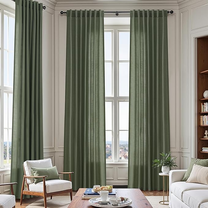 130 Inch Extra Long Curtain for Floor to Ceiling High Window Olive Green Linen Back Tab Curtains for Living Room Filtered and Breathable Semi Sheer Drapes Modern Farmhouse Boho Decor 52x130,2PCS