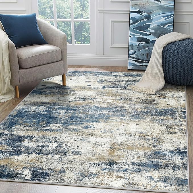 Area Rugs 5x8 for Living Room Bedroom, Modern Abstract Machine Washable Rug, Large Soft Low Pile Floor Carpet with Non Slip Backing for Dining Room, Navy Blue Beige