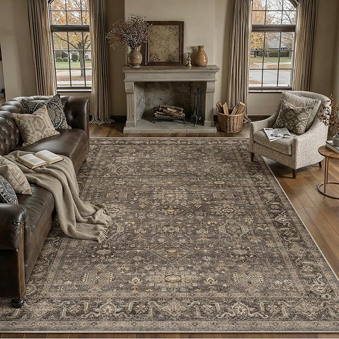 12x15 Washable Area Rug for Living Room Bedroom Vintage Brown Non Slip Carpet Traditional Retro Soft Low Pile Large Throw Rug for Dining Room Kitchen Office Indoor