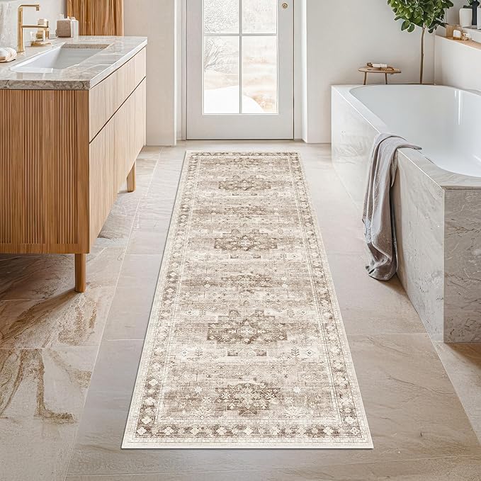 Hazo Haus Boho Long Bathroom Runner Rug 24 x 72 Washable Non Slip - Soft Stain Reistant Rugs for Kitchen, Laundry Room, Hallway Runner - Neutral Floral Design Décor (2x6 Beige/Latte)