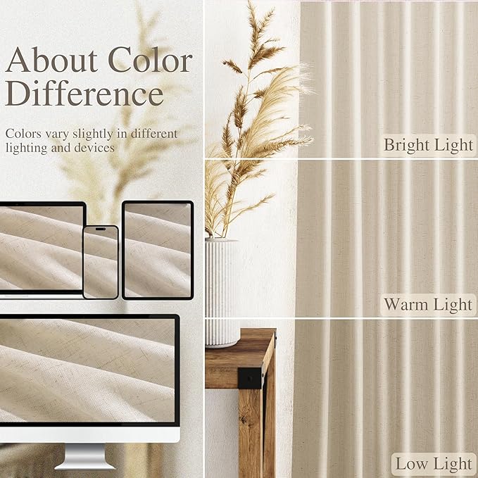 Linen Curtains for Living Room 72 Inches Long Modern Farmhouse Decor Light Filtering Semi Sheer Curtain Back Tab Neutral Luxury Rustic Burlap Coastal Drapes for Bedroom Office 52x72, 2 Panels
