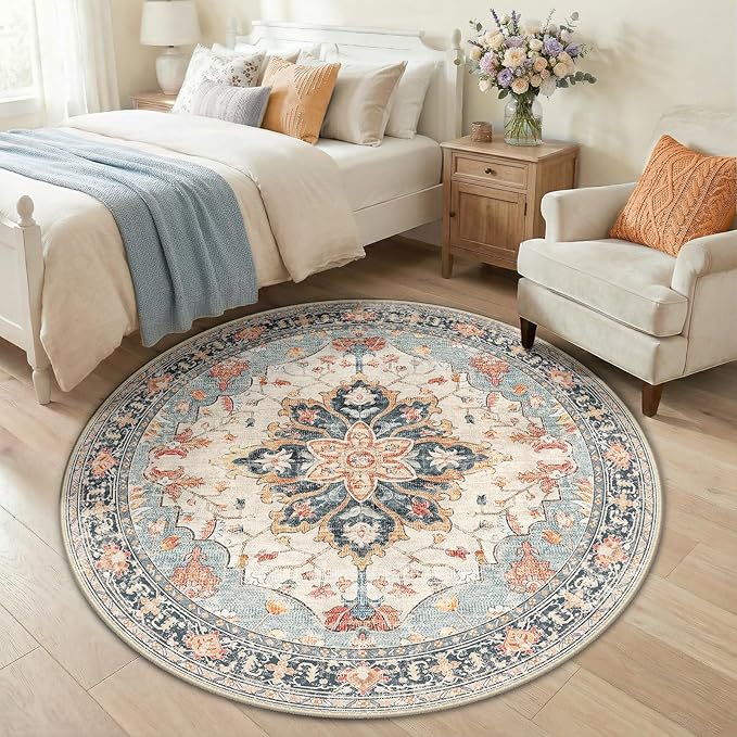 RELEANY Area Rugs 5ft Washable Non-Slip, Floral Vintage Distress Print Pattern Medallion Carpet for Living Room Bedroom Dining Room, Beige Navy Blue Orange Colorful