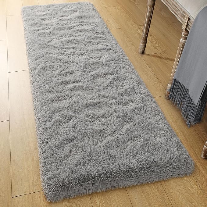 Tepook Soft Runner Rugs for Bedroom 2x6 ft with Rubber Backing, Grey Fluffy Rugs for Living Room, Shag Bedside Rug Fuzzy Plush Carpet for Room, Area Rug for Dorm Nursery Hallway Indoor Home Decor