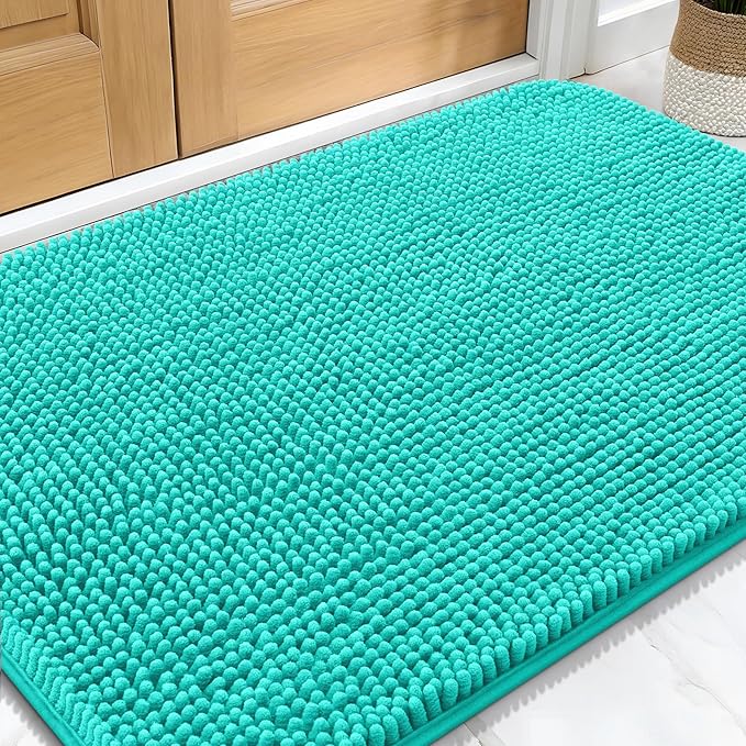 OLANLY Dog Door Mat for Muddy Paws 32x20, Absorbs Moisture and Dirt, Absorbent Non-Slip Washable Doormat, Quick Dry Chenille Mud Mat for Dogs, Entry Indoor Entryway Carpet for Inside Floor, Teal