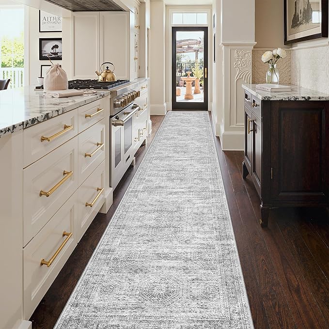 3x18 Washable Runner Rug for Hallway, Non-Slip Long Hallway Runner for Entryway, Soft Vintage Kitchen Mats for Floor, Abstract Dining Room, Bedroom, Living Room Rugs(3'x18', Grey/Ivory)