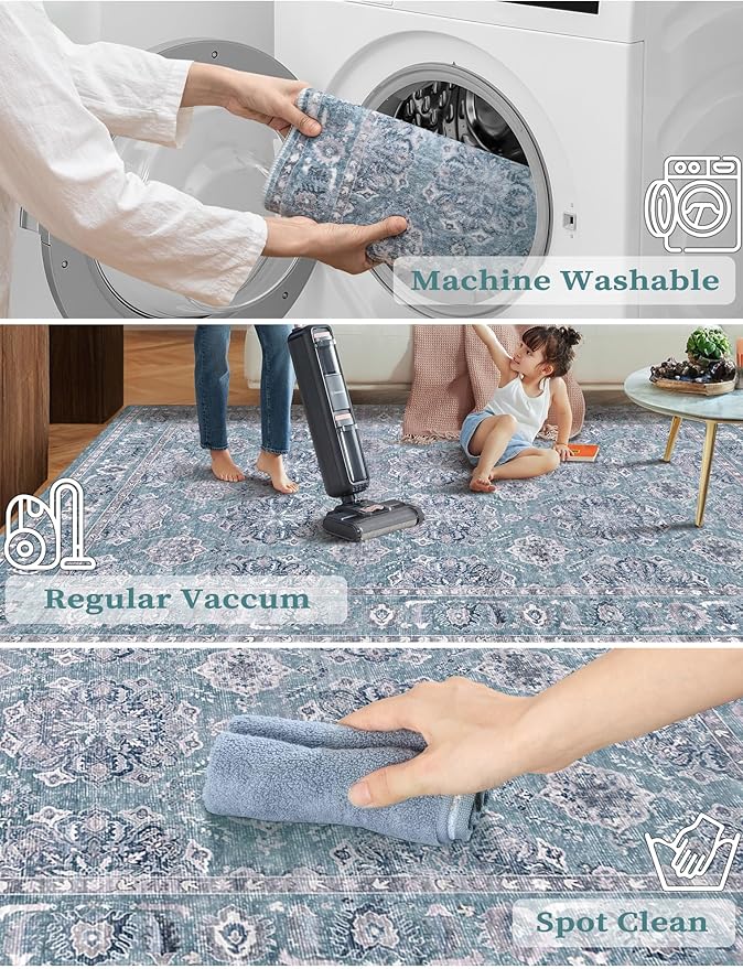 SERISSA Boho Washable Runner Rug, 2x5 Rug Non-Slip Vintage Floral Hallway Kitchen Runner Rug Ultra Soft Print Distressed Blue Grey Floor Carpet for Bedroom Bathroom Laundry Room