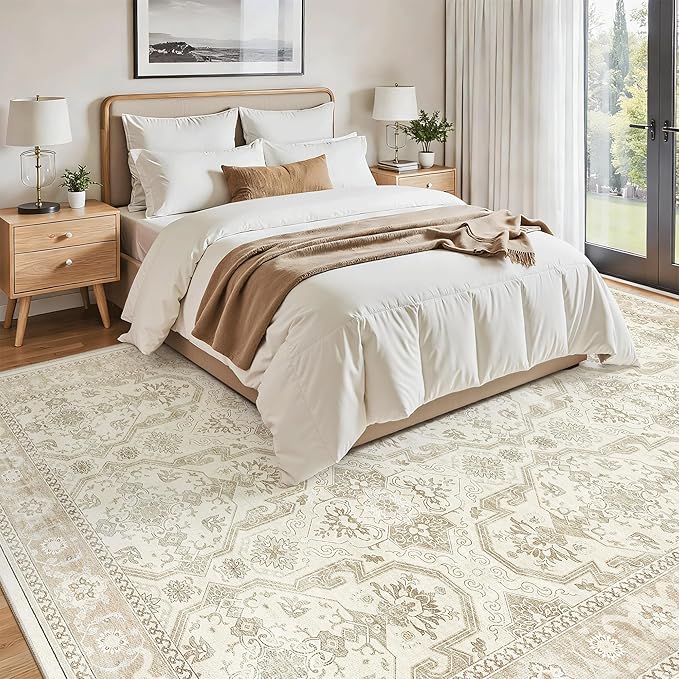 Soalmost 8x10 Area Rugs, Washable Rugs, Large Stain Resistant Beige Area Rug for Living Room Bedroom Dining Room, Vintage Farmhouse Rug