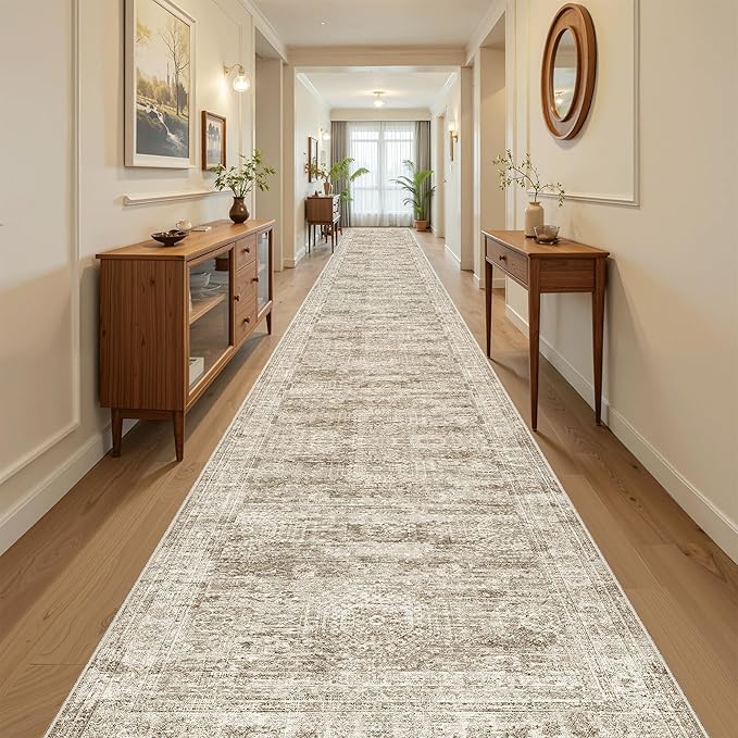 Hallway Runner Rug 3x18 - Kitchen Rugs 18ft Washable Entryway Rug Vintage Kitchen Runners Non Slip Farmhouse Indoor Carpet Runner for Living Room Bedroom, Brown