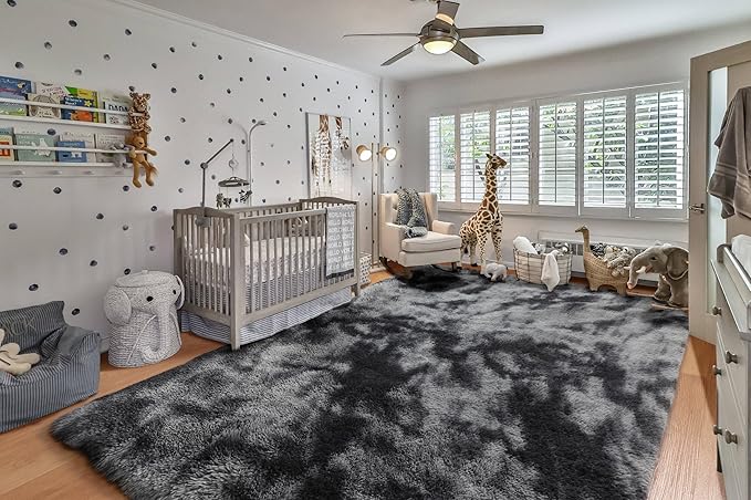 ONASAR 8x10 Area Rugs for Living Room, Tie-Dyed Dark Grey Fluffy Shag Large Bedroom Rug, Black Gray Soft Plush Thick Floor Big Indoor Carpet for Nursery Kids Boys Girls Teen Dorm Home Decor