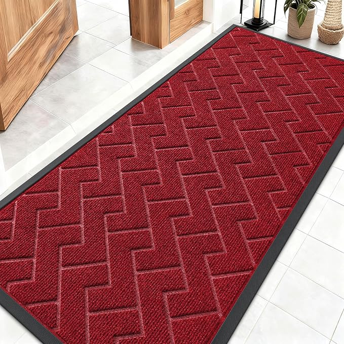 OLANLY Front Door Mat Indoor Outdoor Entrance, Waterproof All-Season, All-Weather Doormat, Sturdy Natural Rubber, Low Profile, Easy Clean Patio Porch Entryway Mat, Herringbone Brick (Wine Red, 59x23)