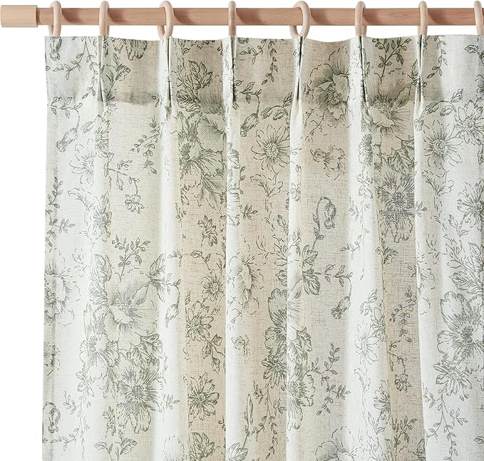 jinchan Pinch Pleated Curtains Floral Linen Blend Curtains for Living Room 84 Inches Length Green Peony Flower Printed Curtain Rod Pocket Back Tab Farmhouse Drapes with Hooks Set 2 Panels