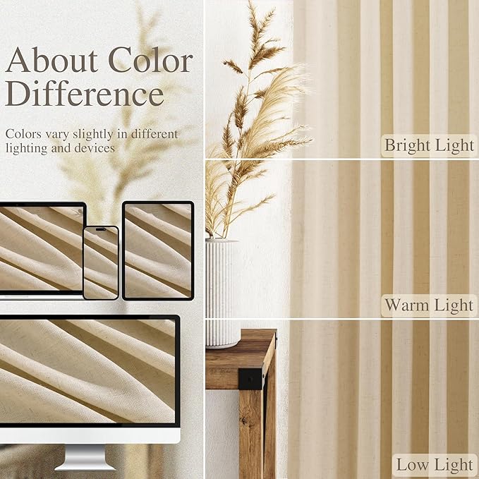 Extra Long Curtains 102 Inches Long for Living Room Tan Back Tab Rod Pocket Light Filtering Semi Sheer Drapes Cotton Linen Textured Window Curtain for Bedroom 9 FT,2 Panels