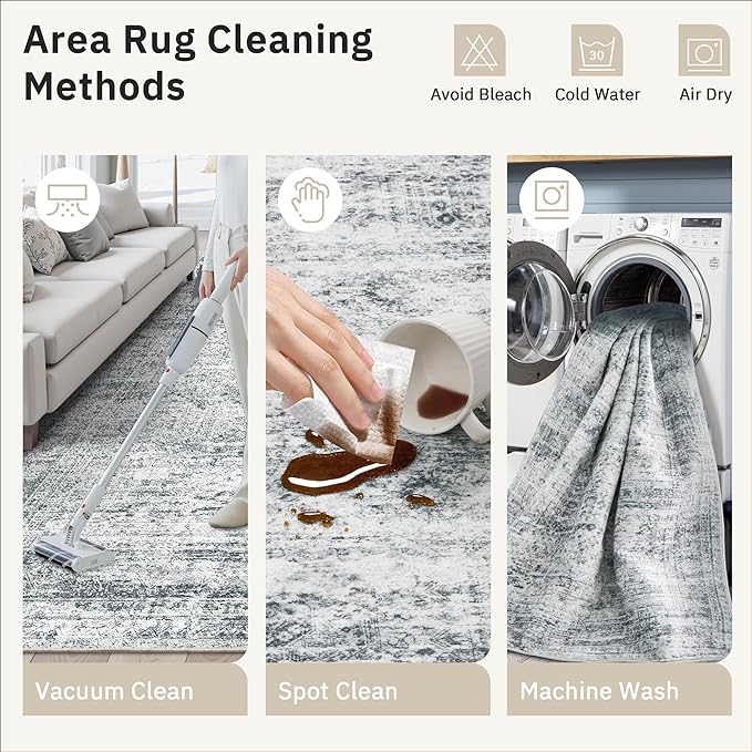 Area Rug 10x12 Vintage Washable Living Room Large Gray Carpet Non Slip Bedroom Indoor Office Dining Room Low Pile Thin Rug Grey