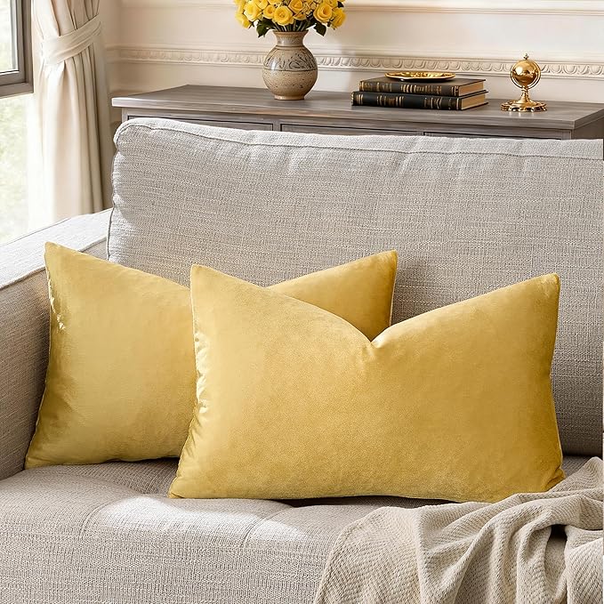 GIGIZAZA Yellow Velvet 20x12 Lumbar Decorative Throw Pillow Covers for Sofa Bed 2 Pack Soft Cushion Cover